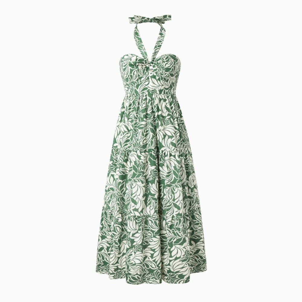 Tropical Green Leaf Floral Print Halter Maxi Women Dress